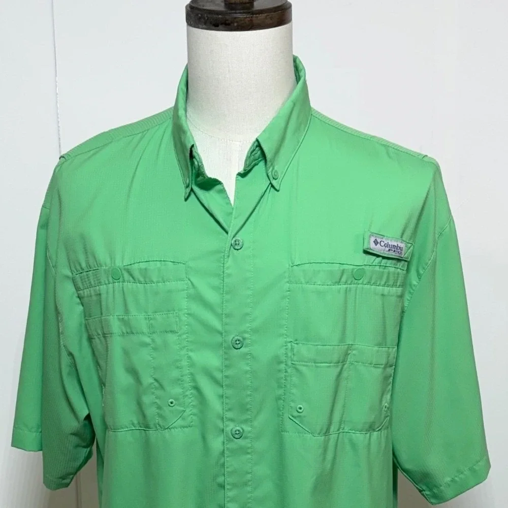 Columbia Shirt Men Large Tall Green PFG Tamiami II Omni Shade Short Sleeve Vent